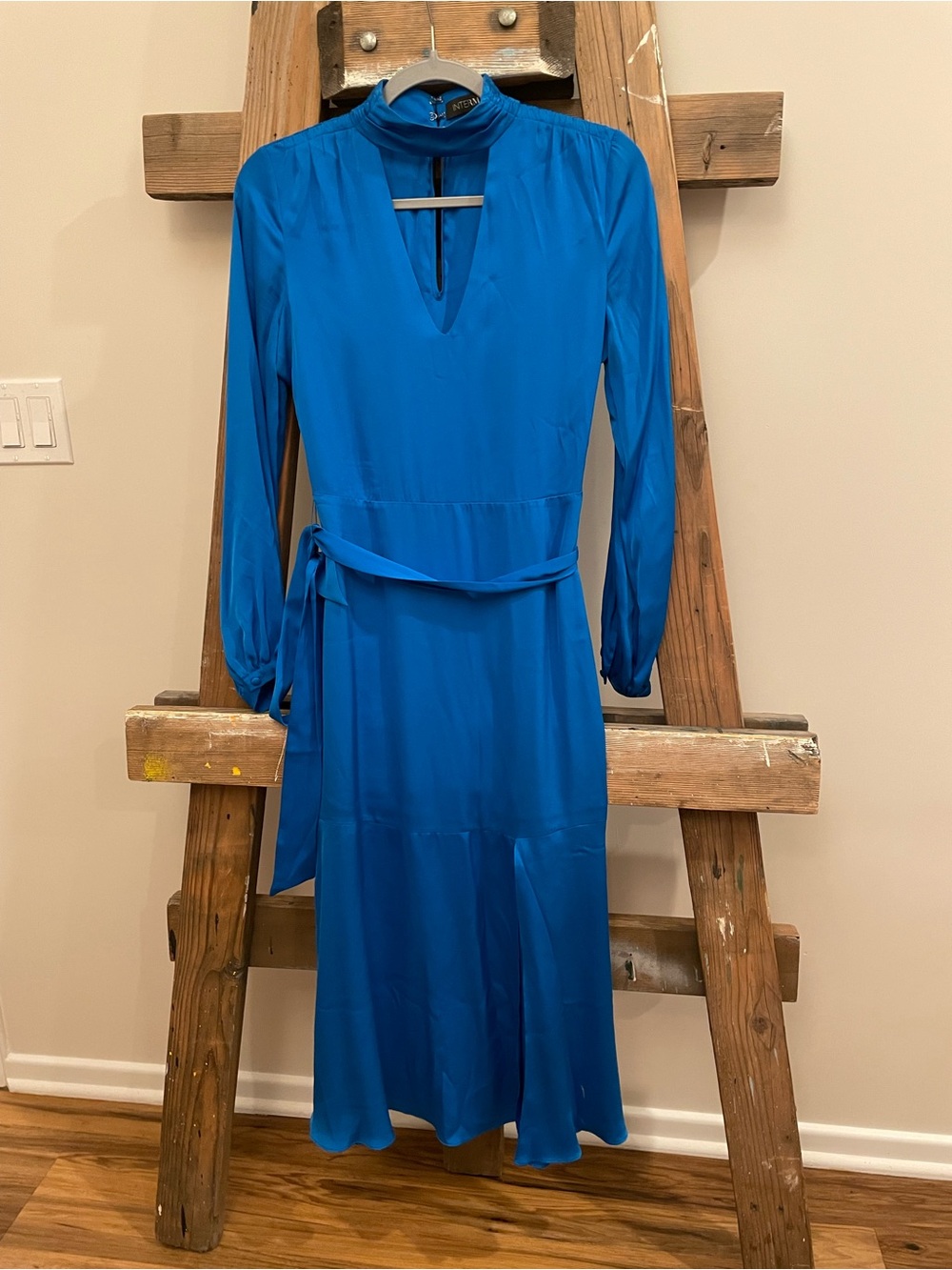 INTERMIX Cobalt Blue Long-Sleeve V-Neck Midi Dress with Waist Tie